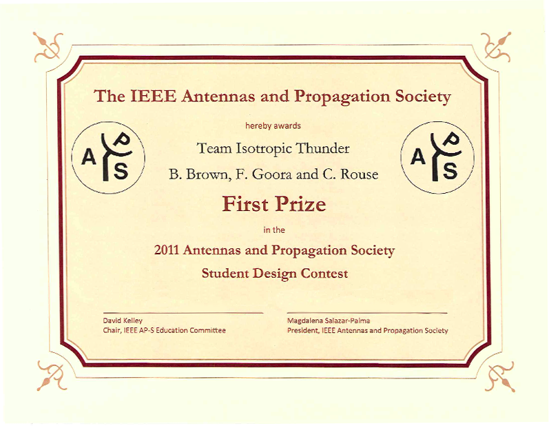 Picture Certificate for the 2011 IEEE Antennas and Propagation Society Student Design Contest